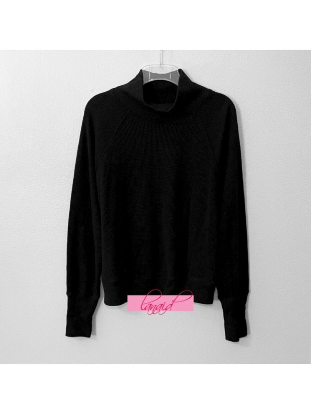 Alo Waffle Weekend Escape Mock Neck Long Sleeve Black Turtleneck Thermal Sweater - Picture 6 of 8